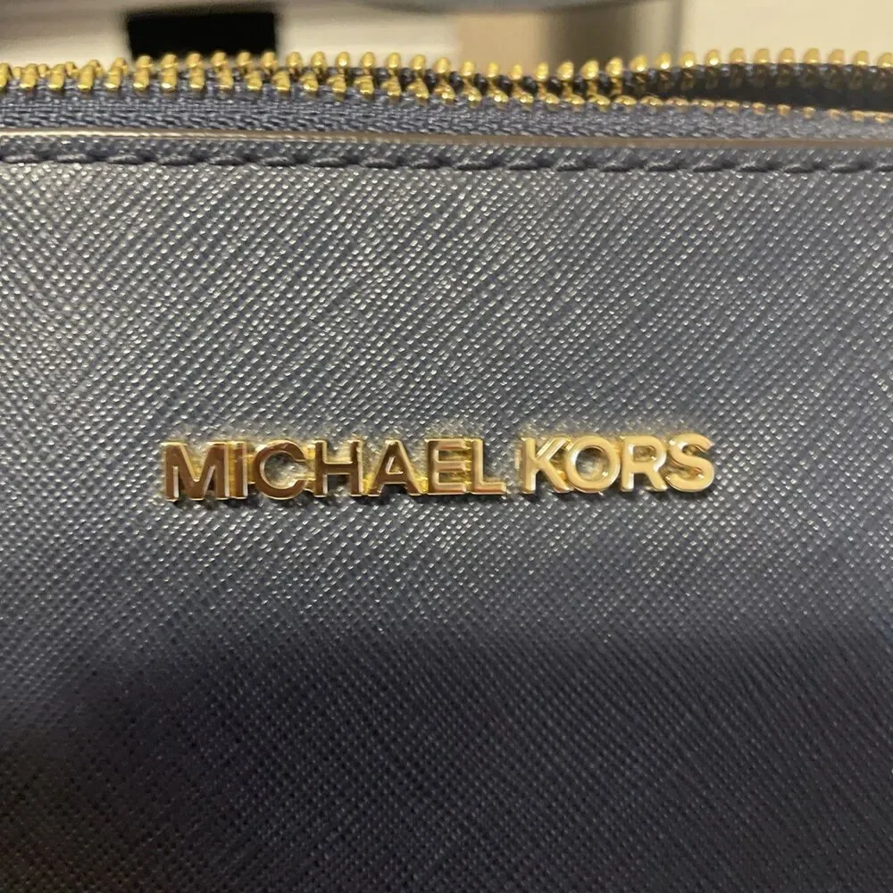 Michael Kors Navy Zip Top Large Tote Bag Gold Hardware Logo Charm Pockets